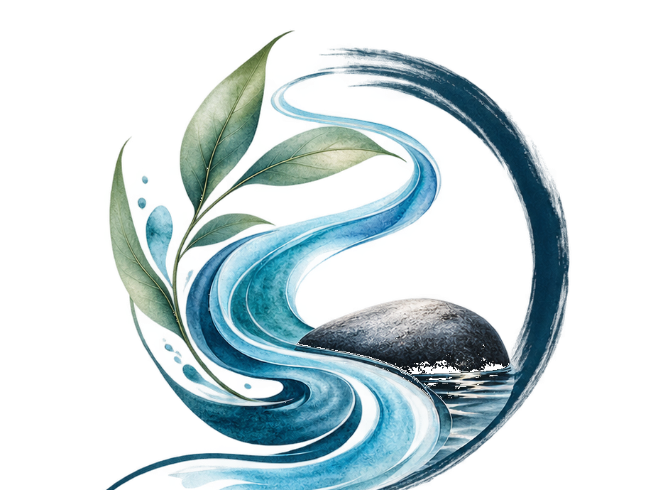 Yielding logo, water curling around a smooth stone