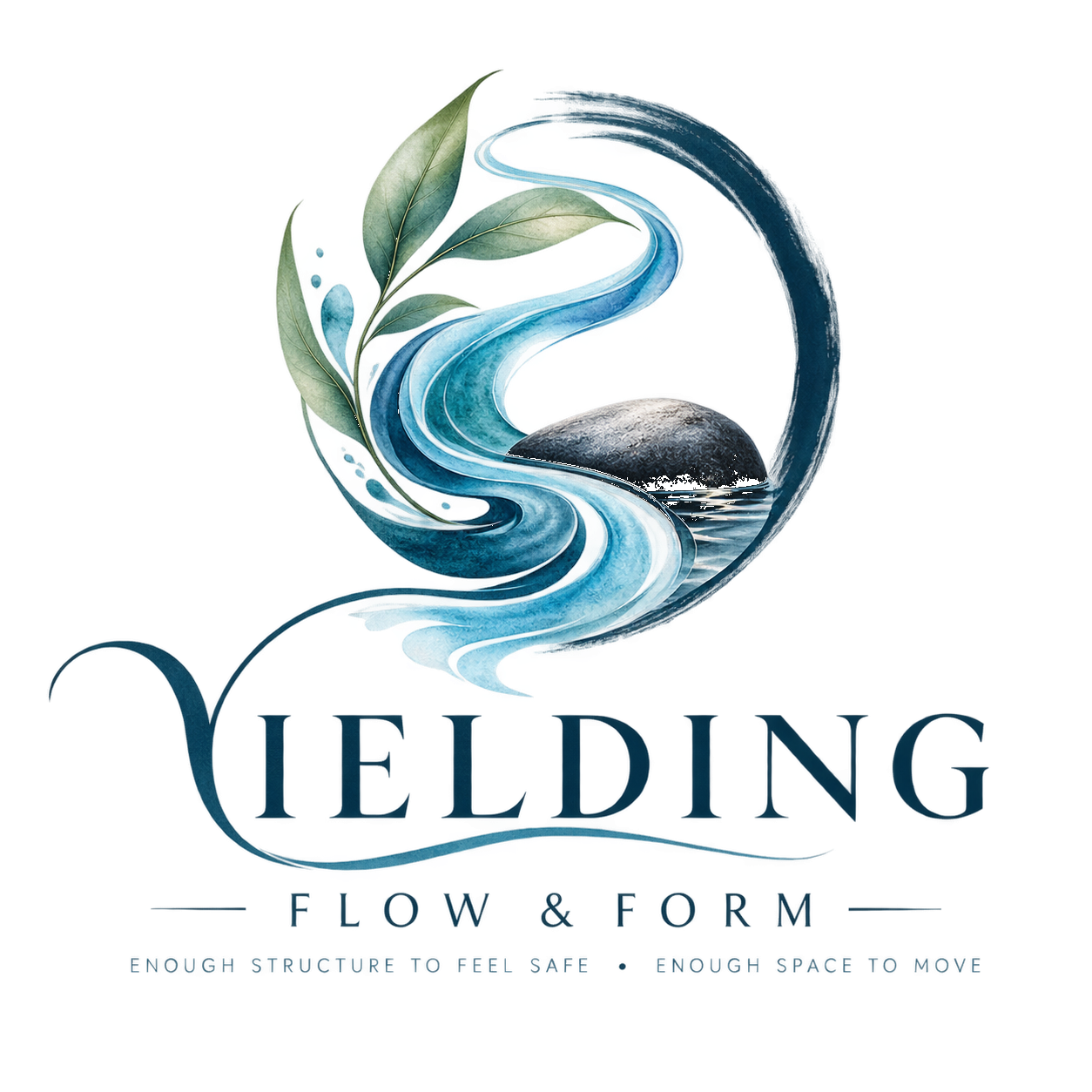 Yielding: Flow and Form logo, a current of water curling around a smooth stone with leaves